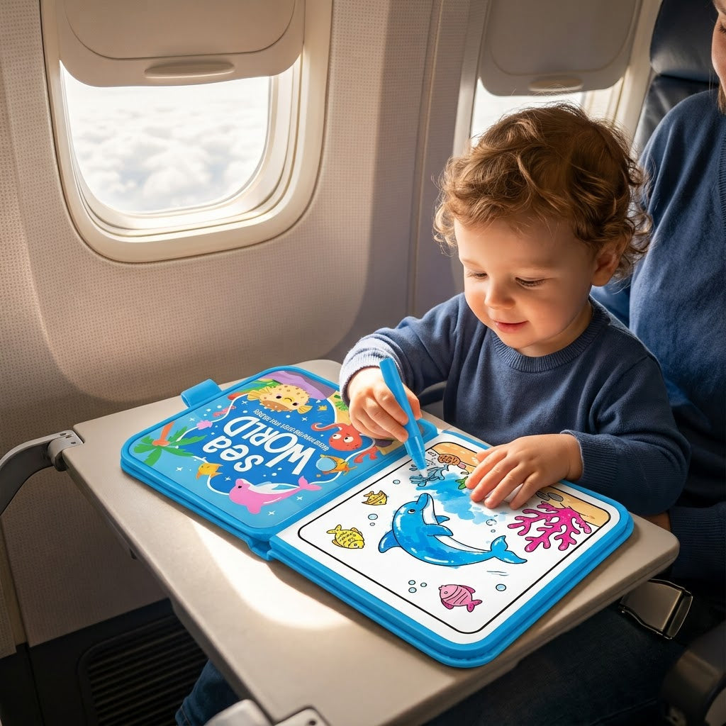 Sea World — toddler using the book on an airplane tray table