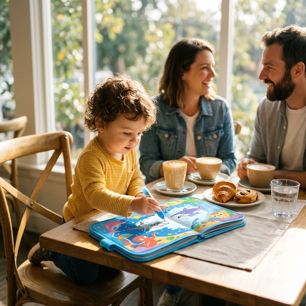 Sea World — toddler painting quietly at a sunny cafe table