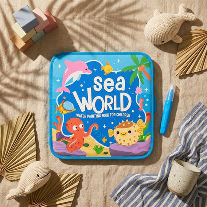 Sea World — flat lay of the mess-free water painting book with shells and wooden toys