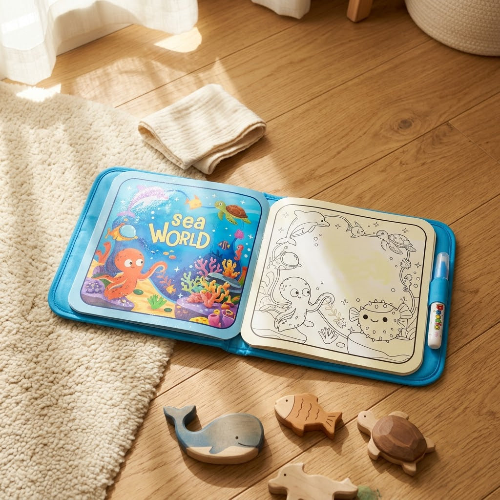 Sea World — book open flat on a sunlit wooden floor