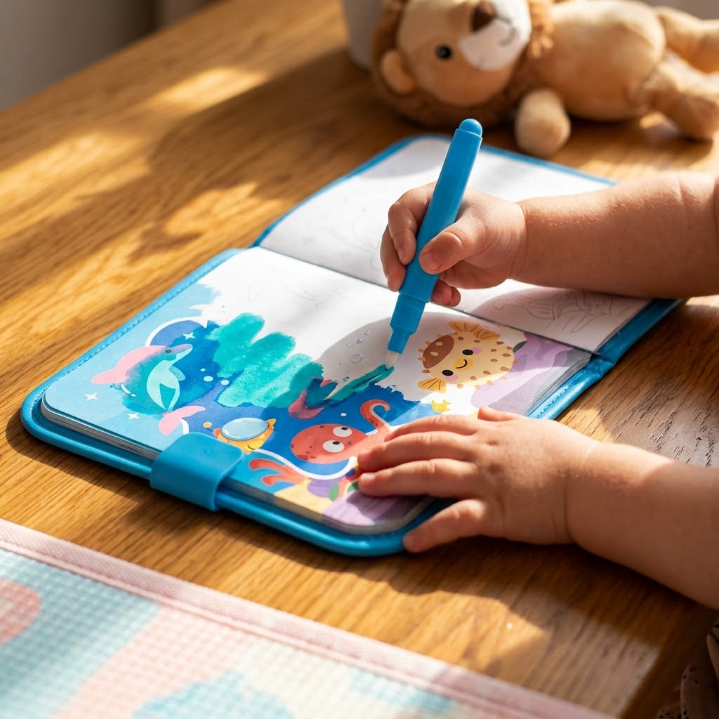Sea World — toddler hands painting an ocean page with the water pen