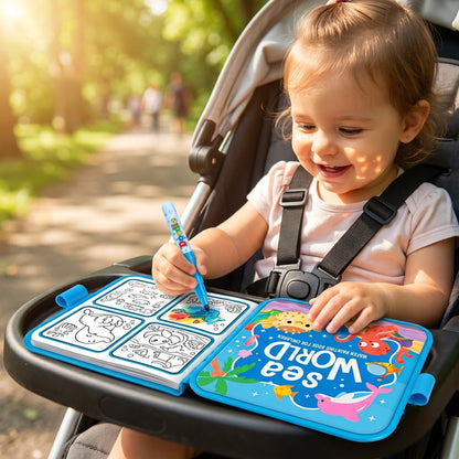 Sea World — toddler painting the book on a stroller tray in the park