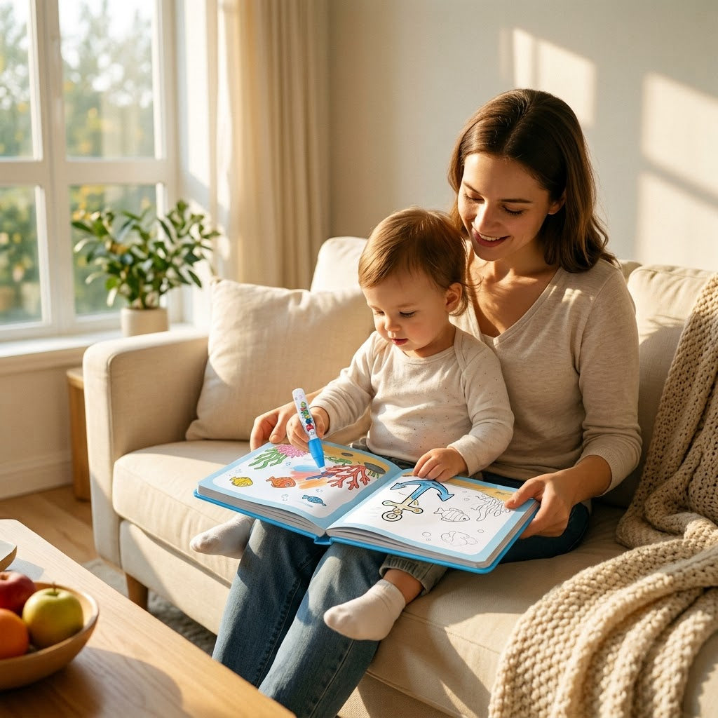 Sea World — mother and toddler painting together on the sofa