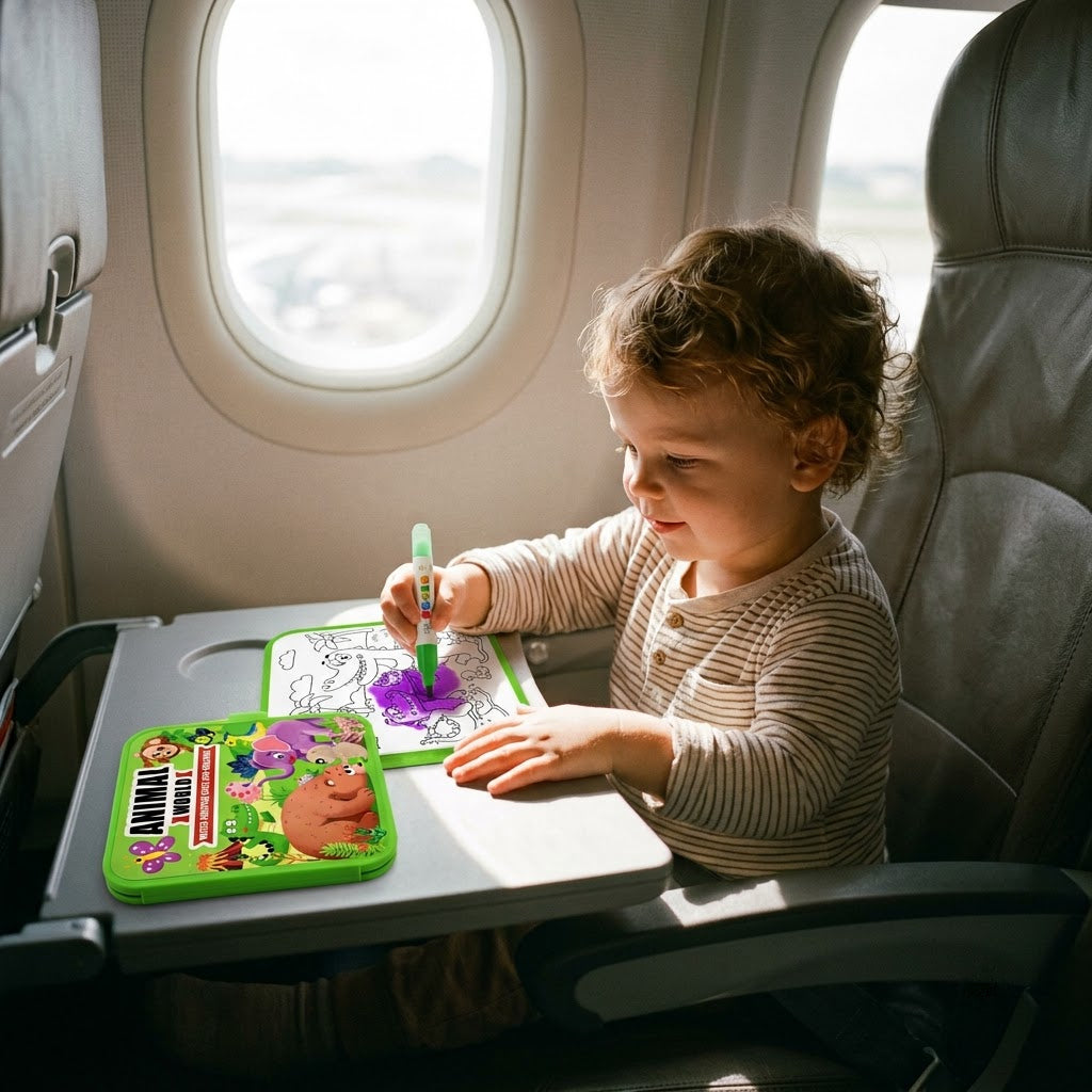 Animal World — toddler using the book on an airplane tray table