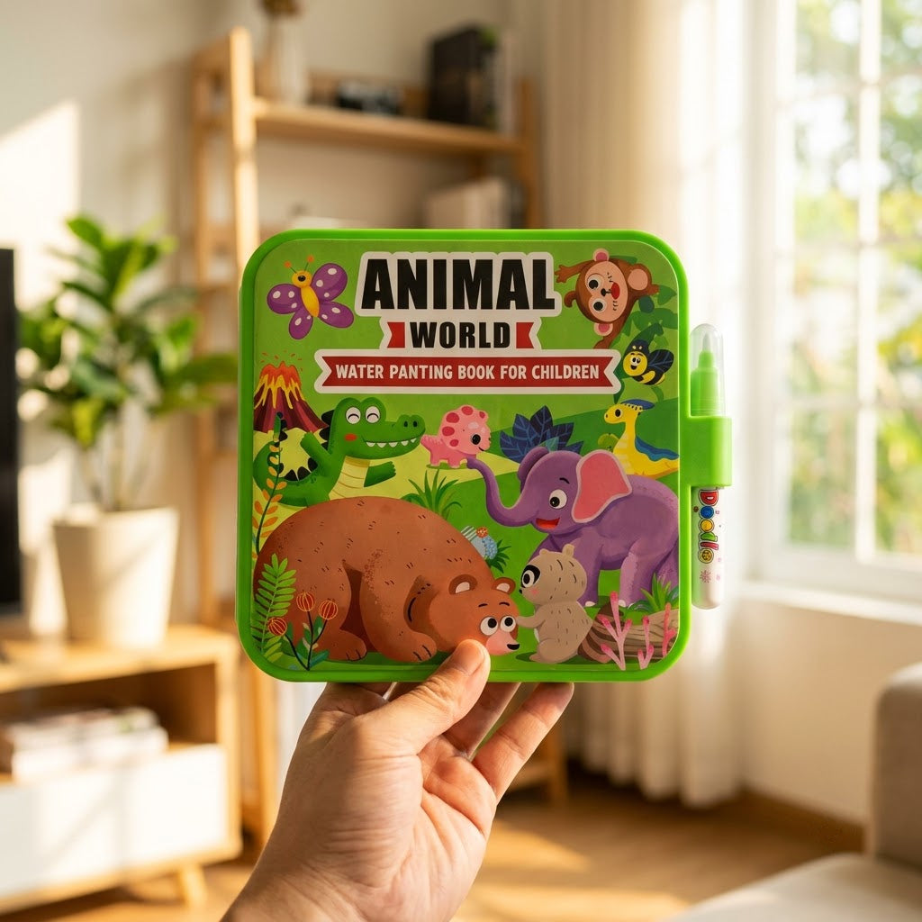Animal World — adult hand holding the book to show its size
