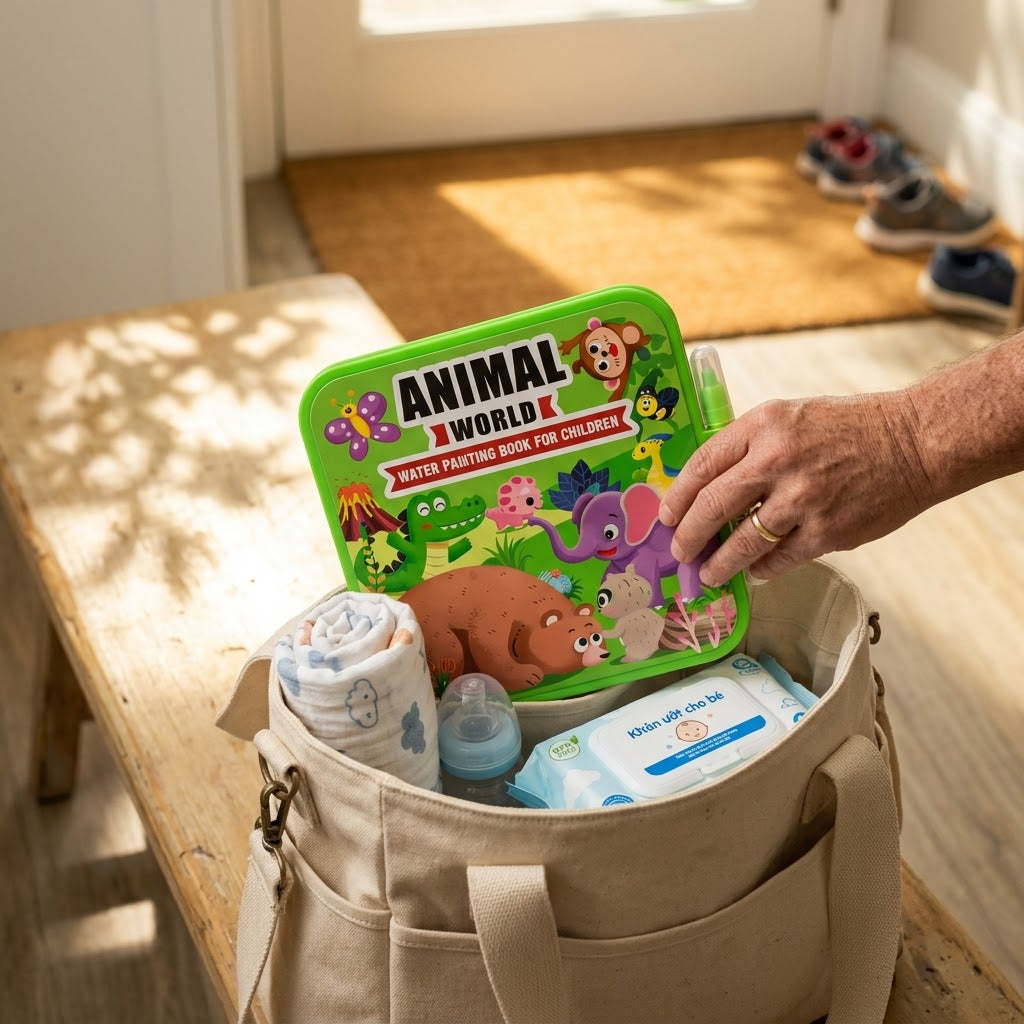 Animal World — book slipping flat into a diaper bag