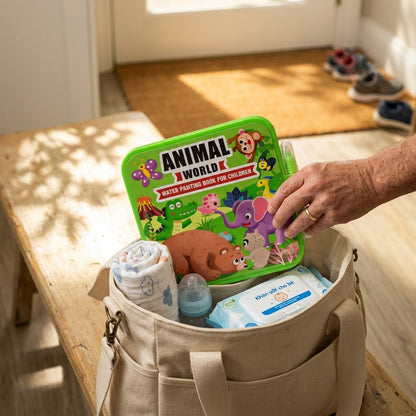 Animal World — book slipping flat into a diaper bag