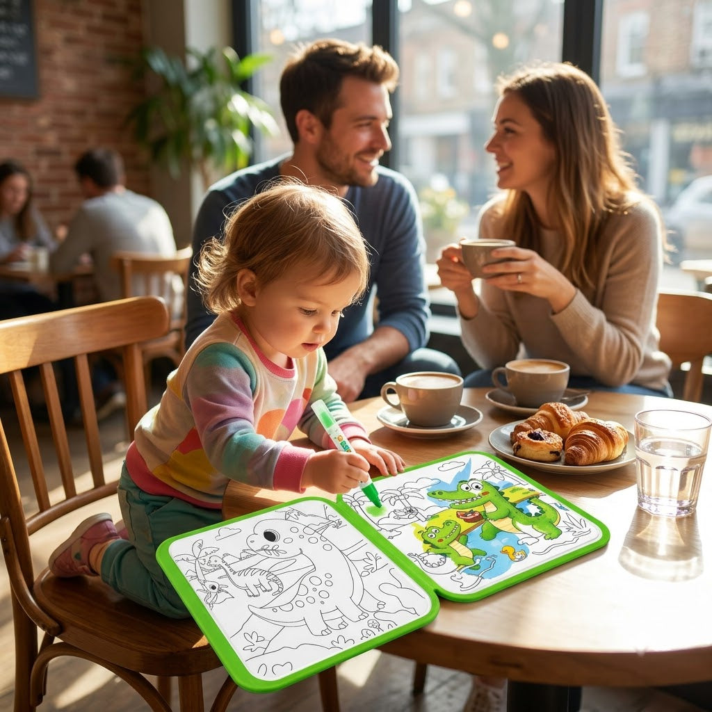 Animal World — toddler painting quietly at a sunny cafe table