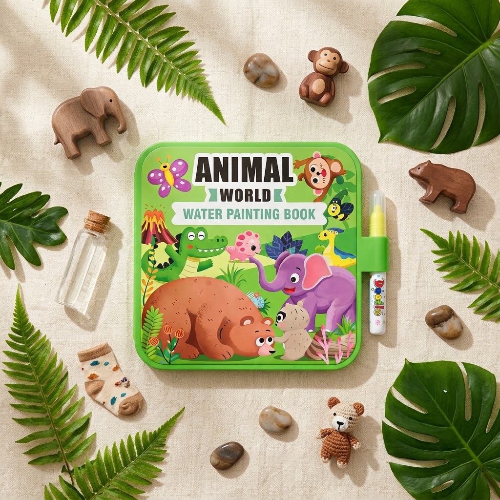 Animal World — flat lay of the mess-free water painting book with fresh green leaves and wooden toys