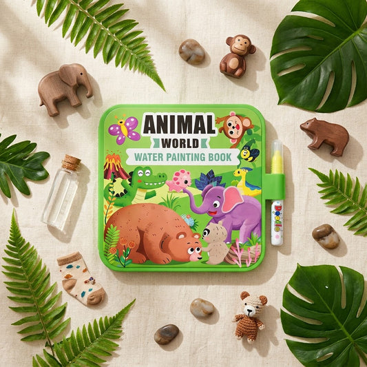Animal World — flat lay of the mess-free water painting book with fresh green leaves and wooden toys