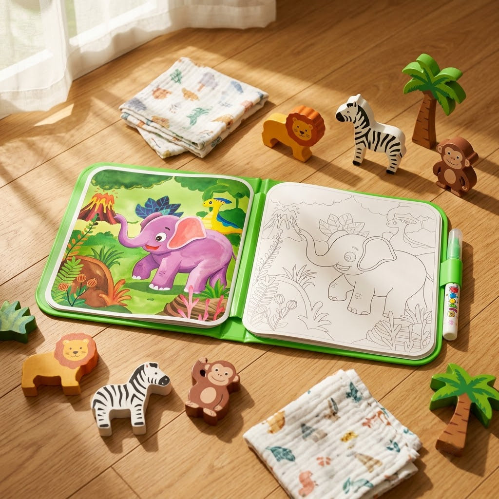 Animal World — book open flat on a sunlit wooden floor