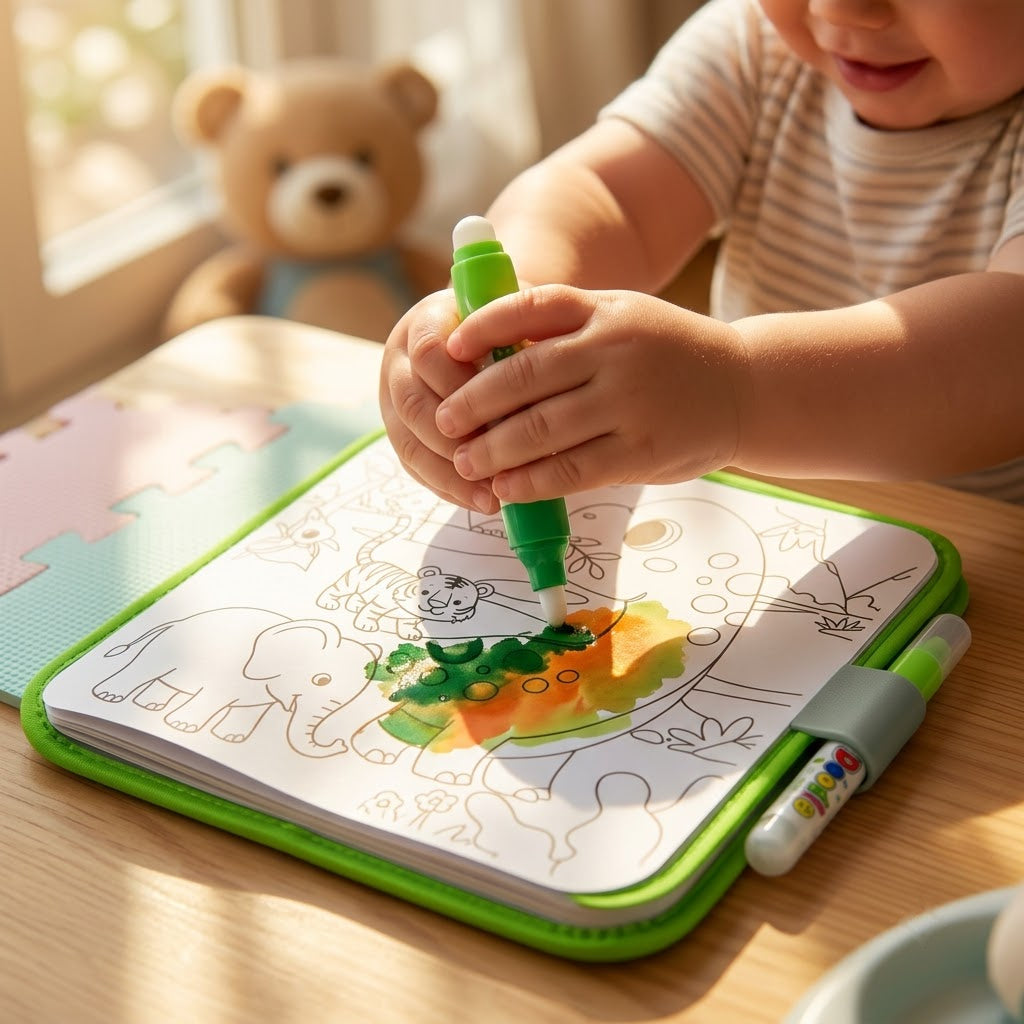 Animal World — toddler hands painting a jungle page with the water pen