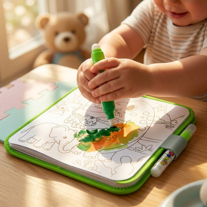 Animal World — toddler hands painting a jungle page with the water pen