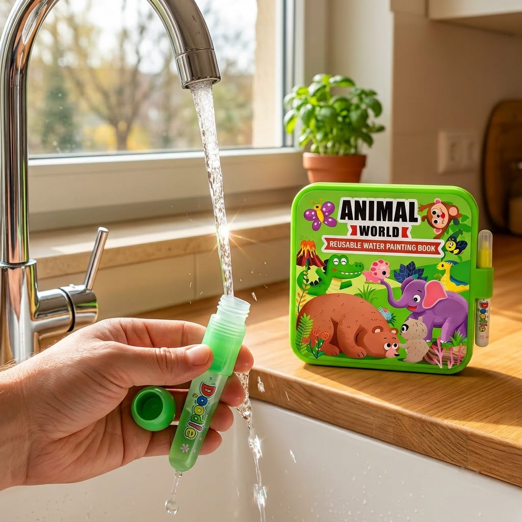 Animal World — refilling the water pen under a kitchen tap