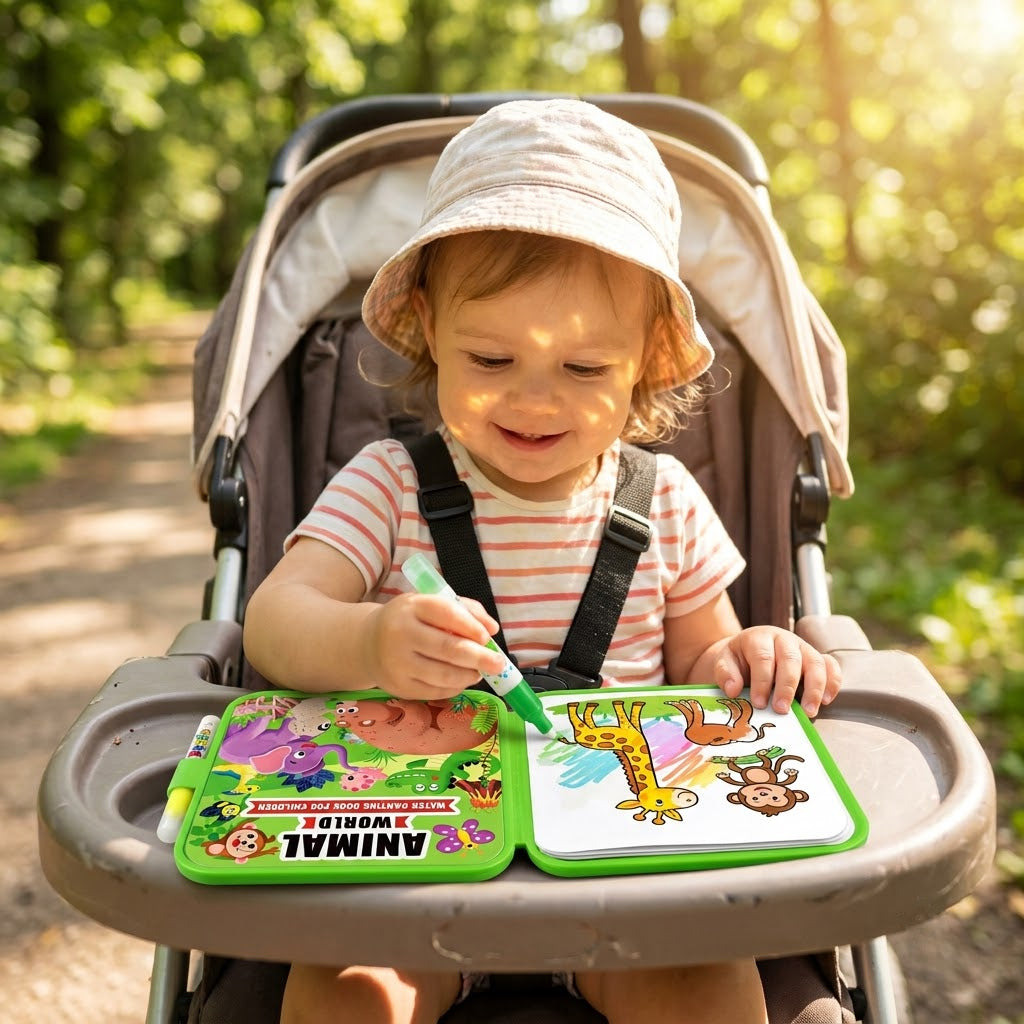 Animal World — toddler painting the book on a stroller tray in the park