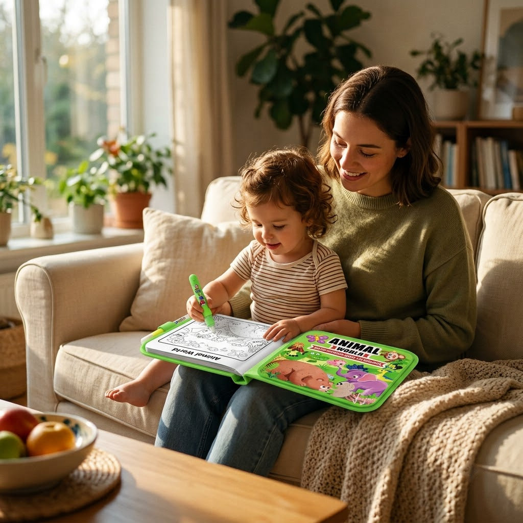 Animal World — mother and toddler painting together on the sofa