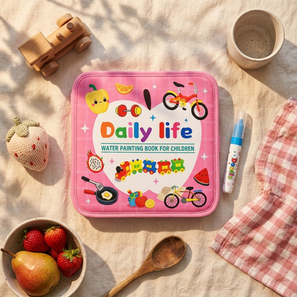 Daily Life — flat lay of the mess-free water painting book with fresh fruit and wooden toys