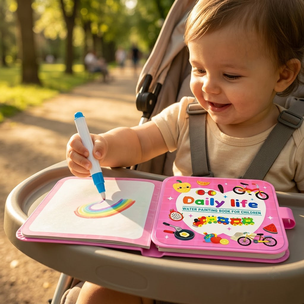 Daily Life — toddler painting the book on a stroller tray in the park