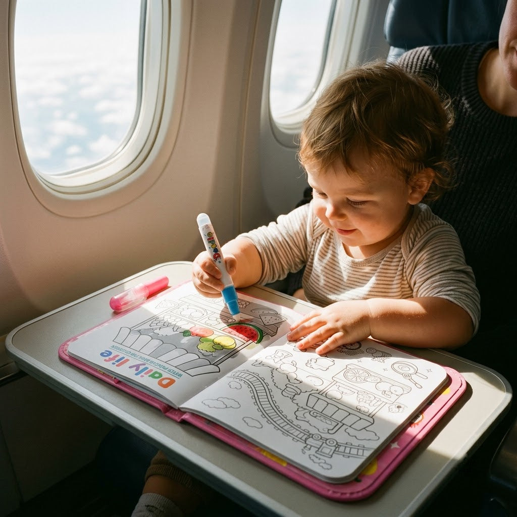 Daily Life — toddler using the book on an airplane tray table