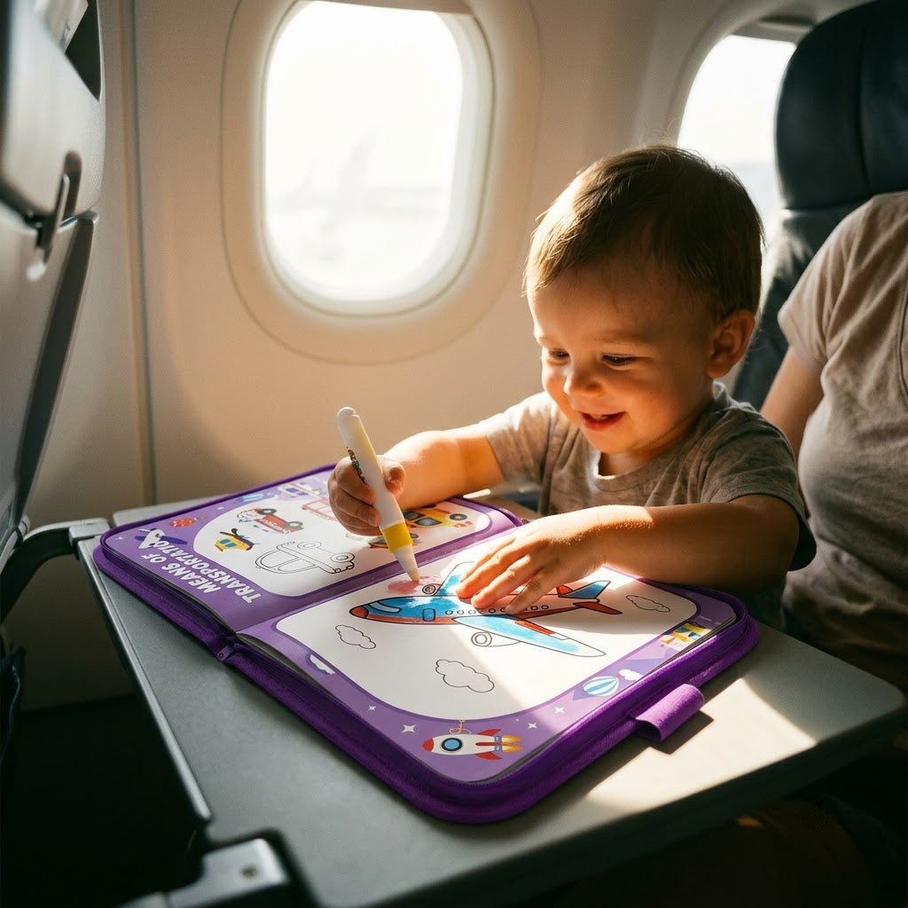 Transportation — toddler using the book on an airplane tray table