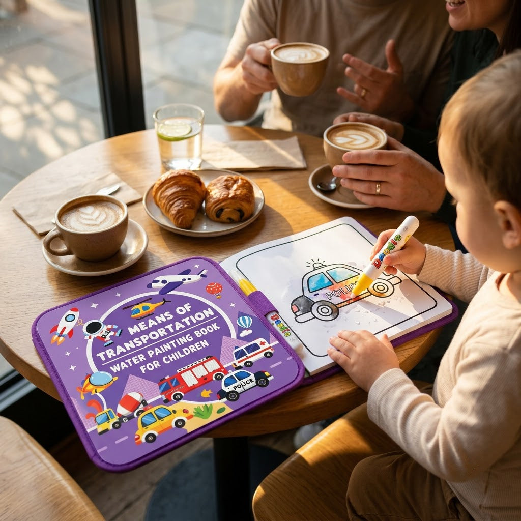 Transportation — toddler painting quietly at a sunny cafe table