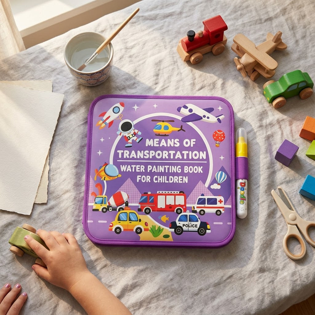 Transportation — flat lay of the mess-free water painting book with wooden toy cars