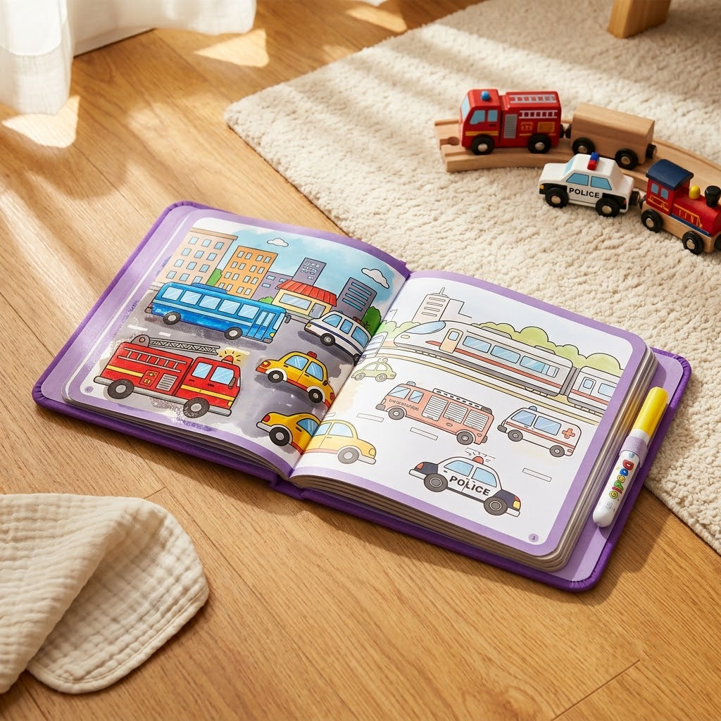 Transportation — book open flat on a sunlit wooden floor