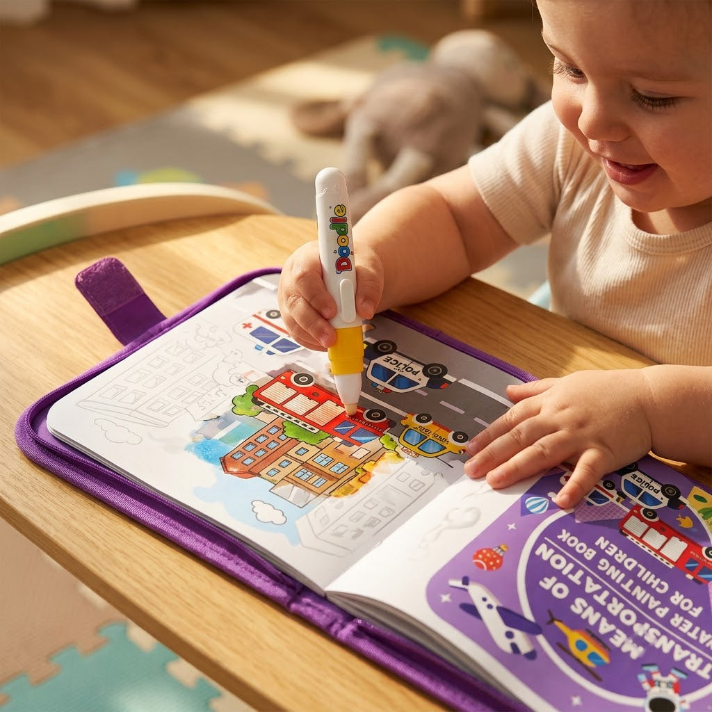 Transportation — toddler hands painting a city street page with the water pen