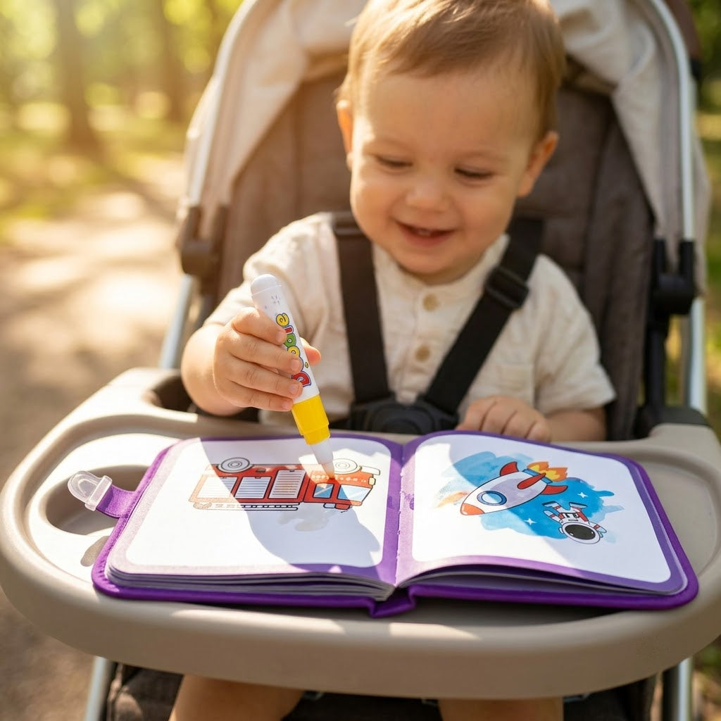 Transportation — toddler painting the book on a stroller tray in the park