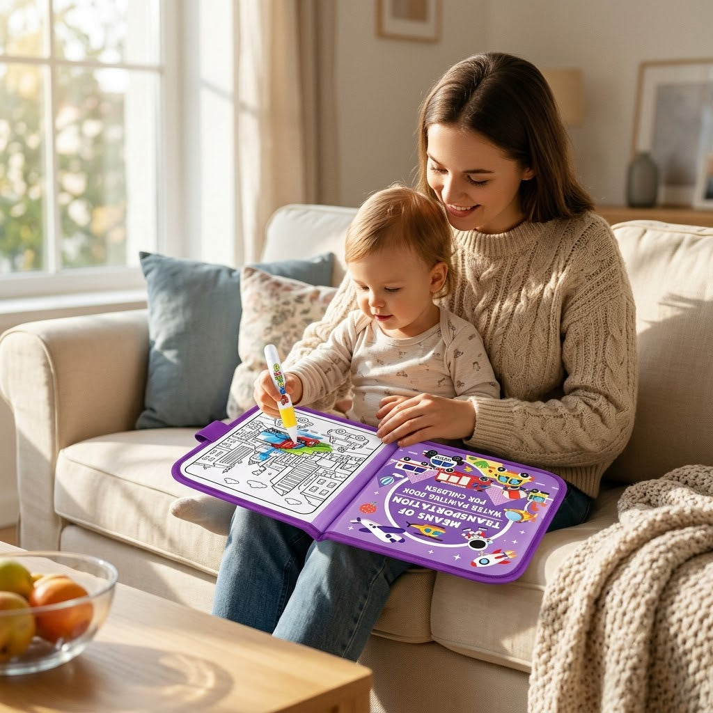Transportation — mother and toddler painting together on the sofa